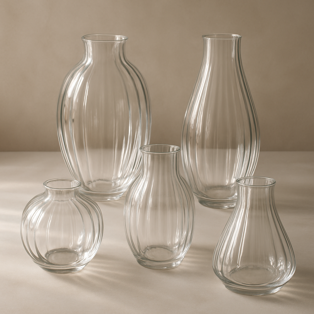 Stylish glass vases in different shapes and sizes